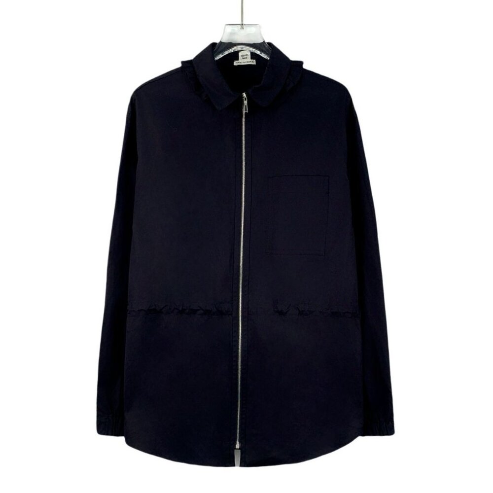 Hermès Paris Black Cotton Long-Sleeve Zipper Shirt Coat 34 XXS